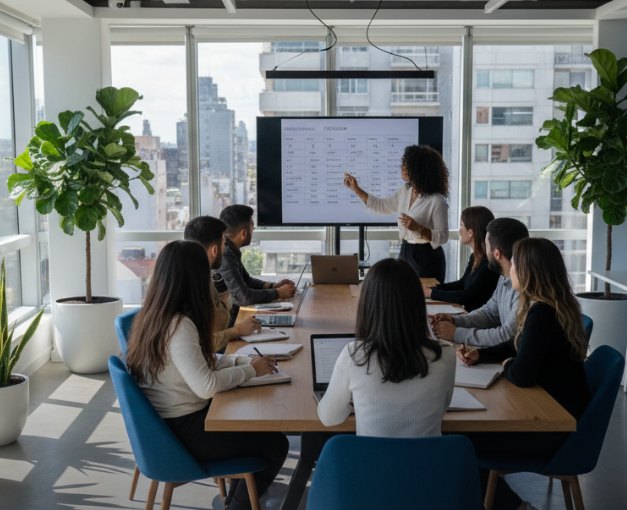 Clase de portugués para negocios en una sala de reuniones